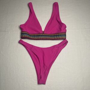 Vibrant Pink Bikini Set with Patterned Waistband Size Large